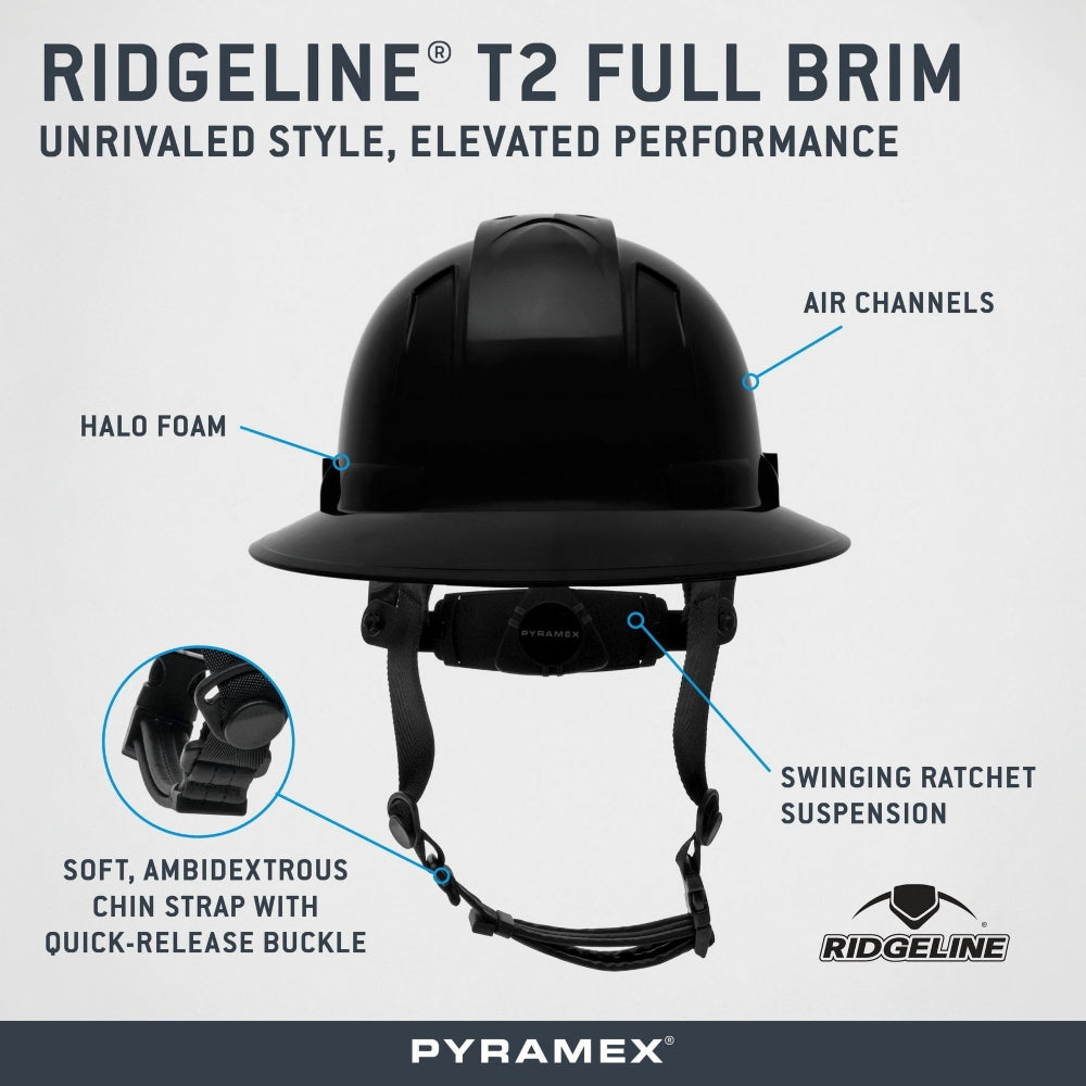 Pyramex HPT256110 Ridgeline T2 Full Brim Hard Hat - 6-Point Ratchet Suspension - Black