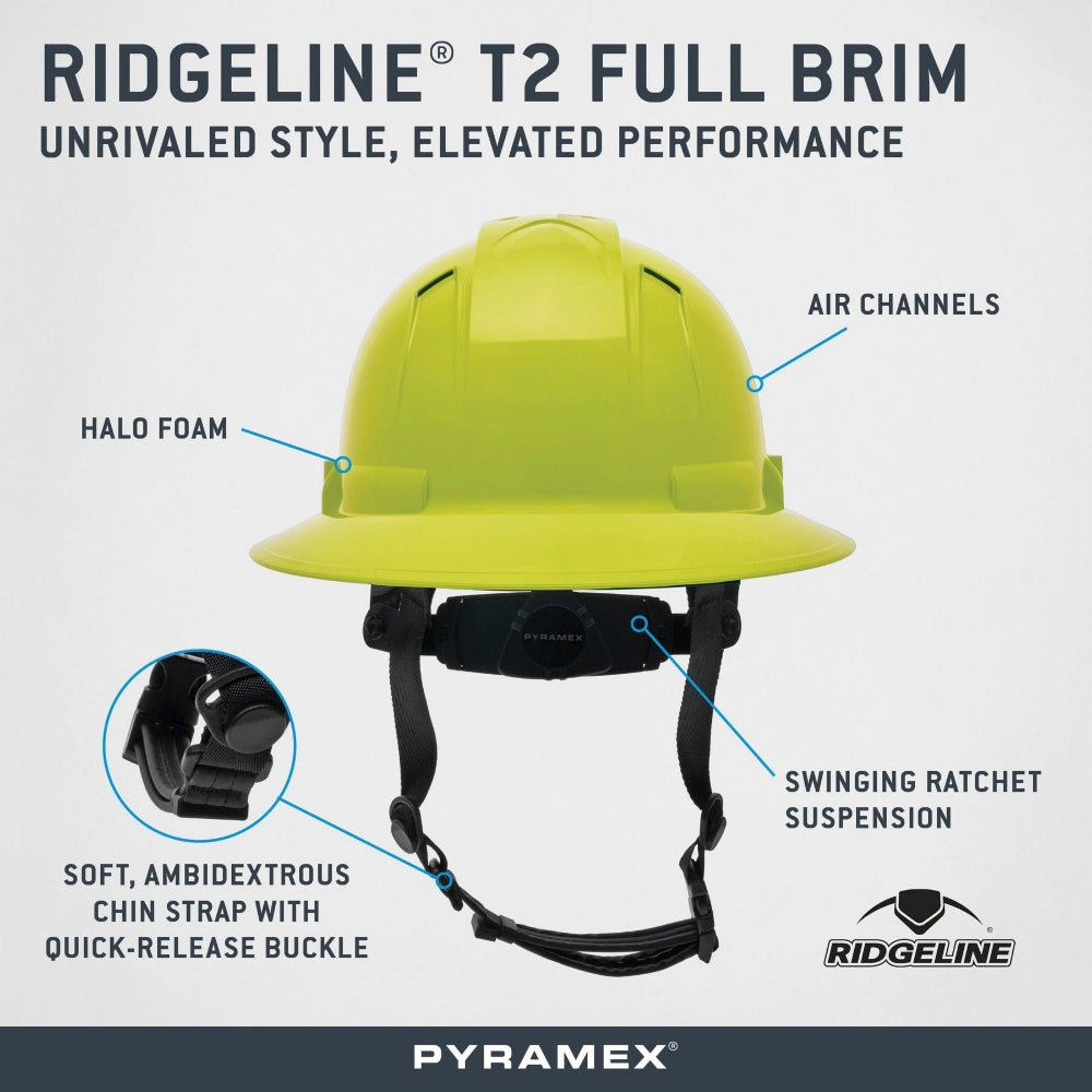 Pyramex HPT256110 Ridgeline T2 Full Brim Hard Hat - 6-Point Ratchet Suspension - Hi-Vis Lime