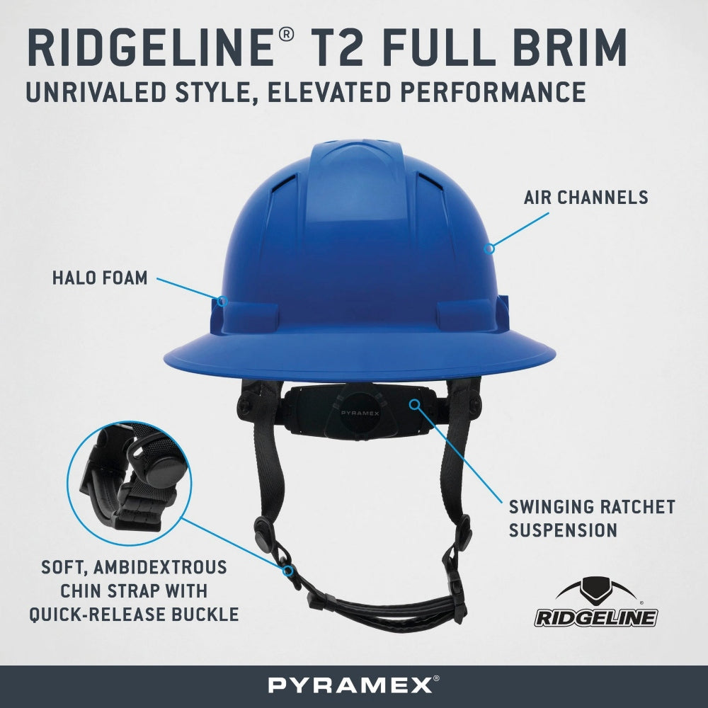 Pyramex HPT256110 Ridgeline T2 Full Brim Hard Hat - 6-Point Ratchet Suspension - Blue