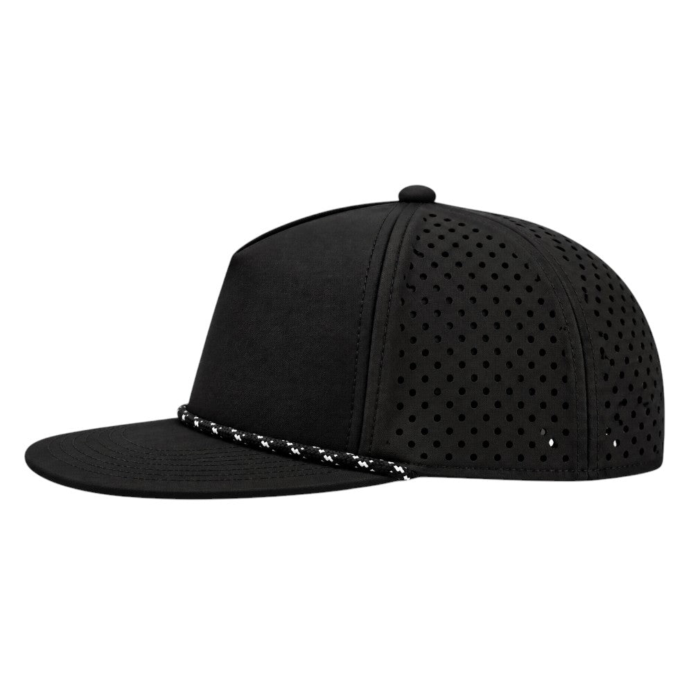 Water Repellent 5 Panel Snapback Golf Hats with Rope - Black/Black/White