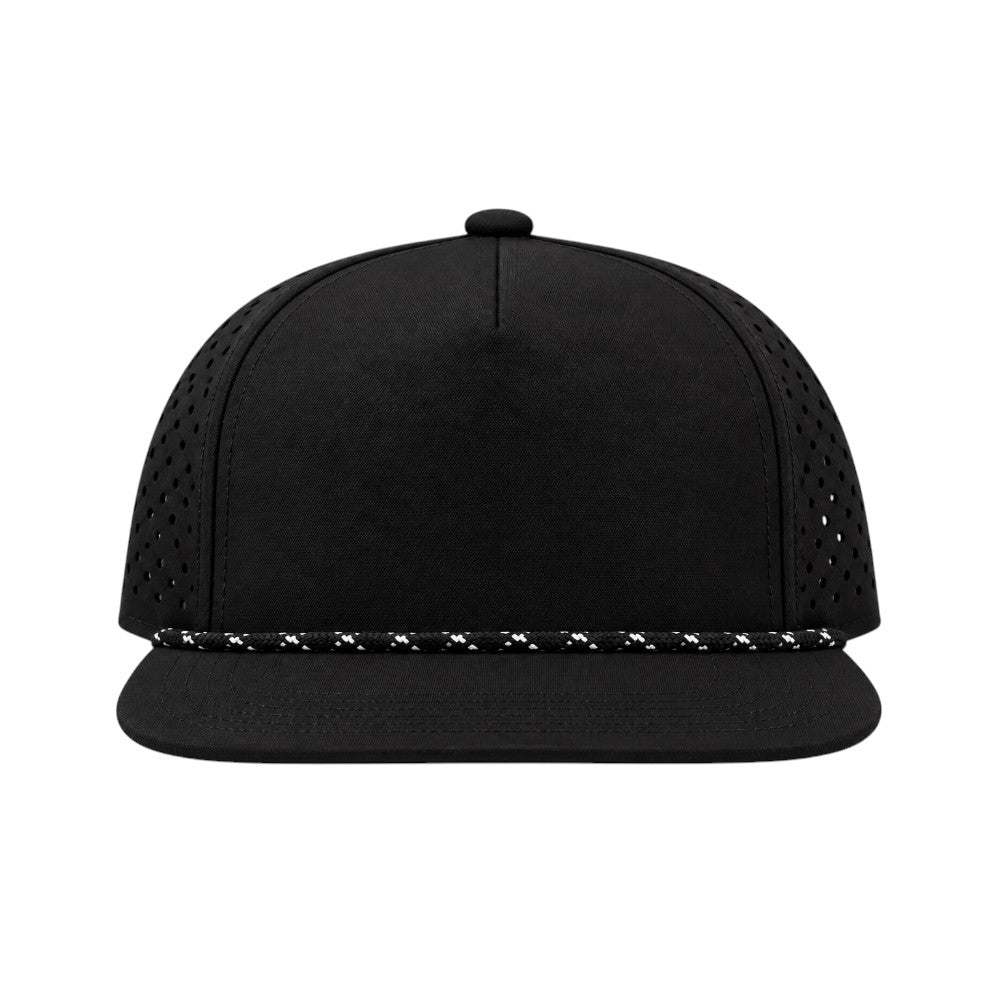 Water Repellent 5 Panel Snapback Golf Hats with Rope - Black/Black/White