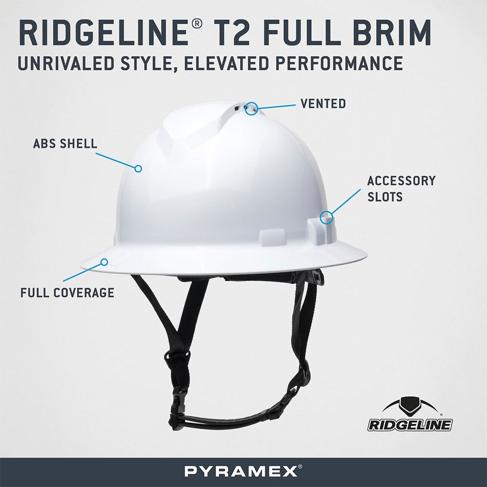 Pyramex HPT256110 Ridgeline T2 Full Brim Hard Hat - 6-Point Ratchet Suspension - White