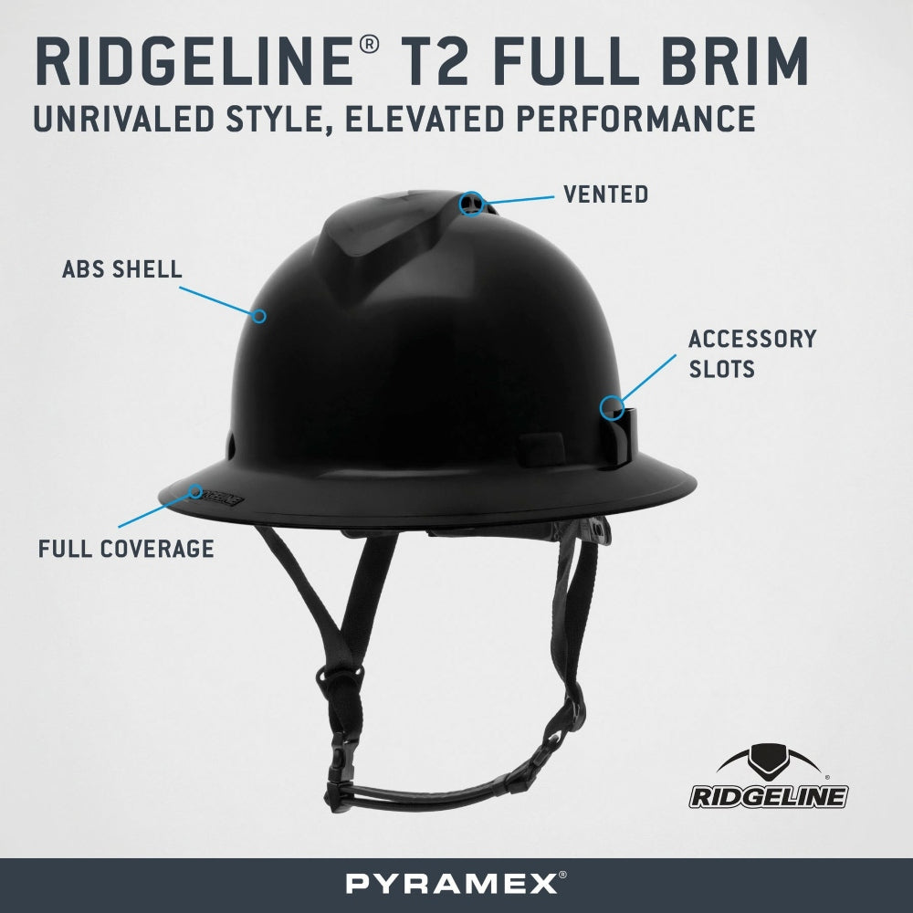 Pyramex HPT256110 Ridgeline T2 Full Brim Hard Hat - 6-Point Ratchet Suspension - Black