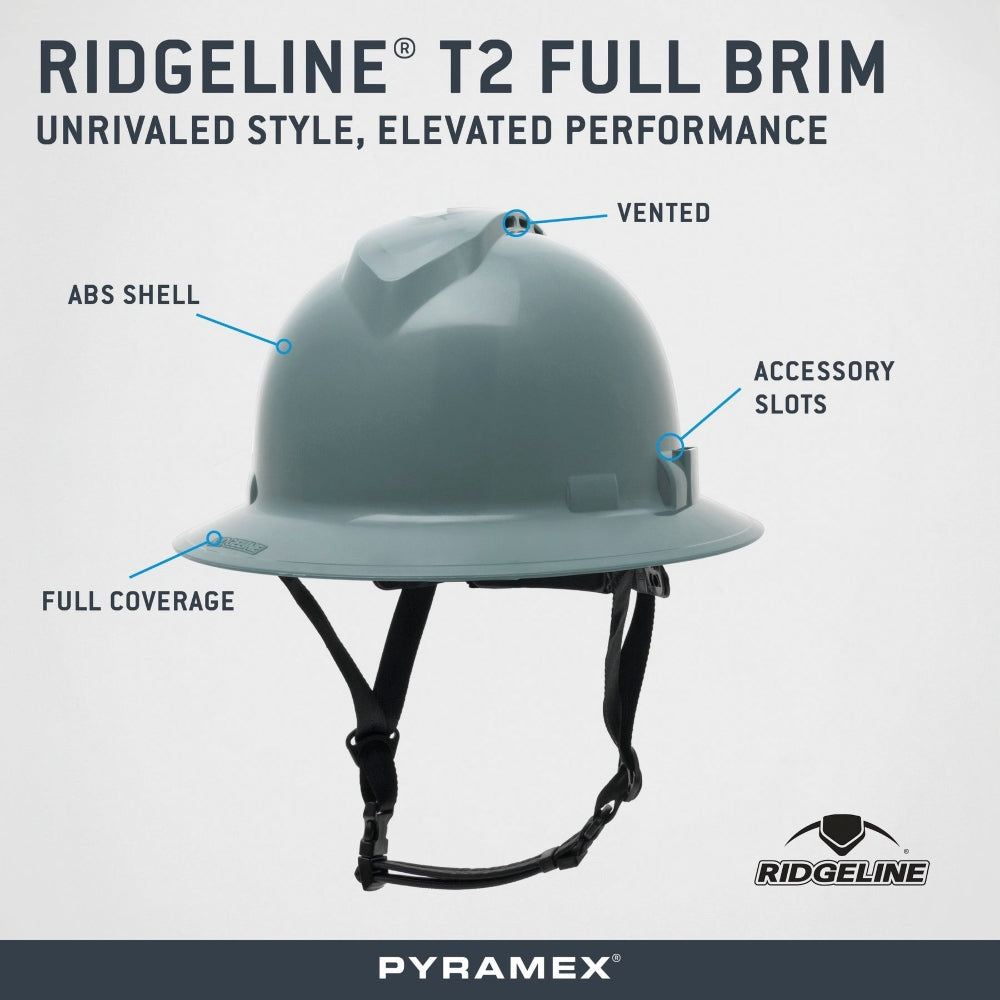 Pyramex HPT256110 Ridgeline T2 Full Brim Hard Hat - 6-Point Ratchet Suspension - Gray