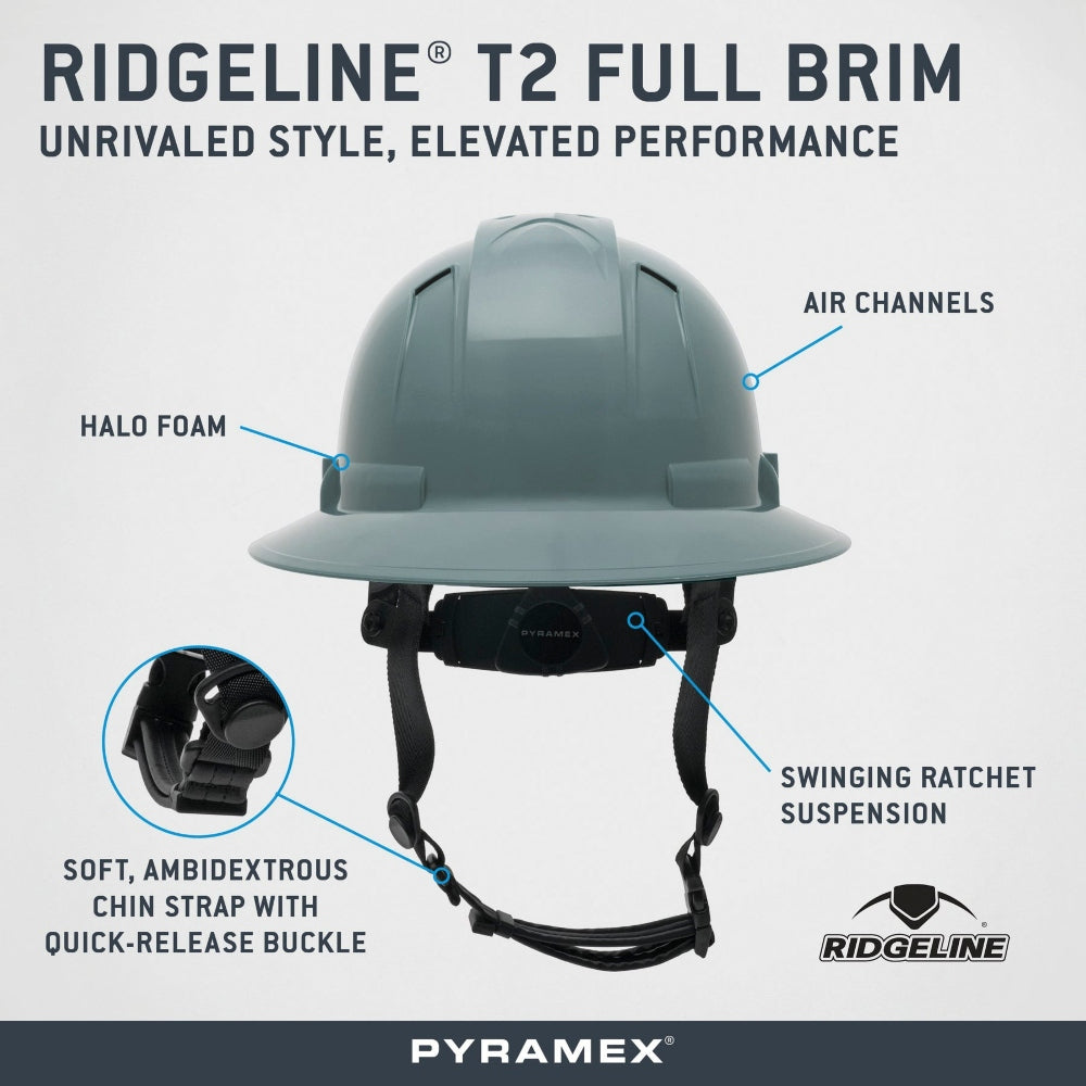 Pyramex HPT256110 Ridgeline T2 Full Brim Hard Hat - 6-Point Ratchet Suspension - Gray