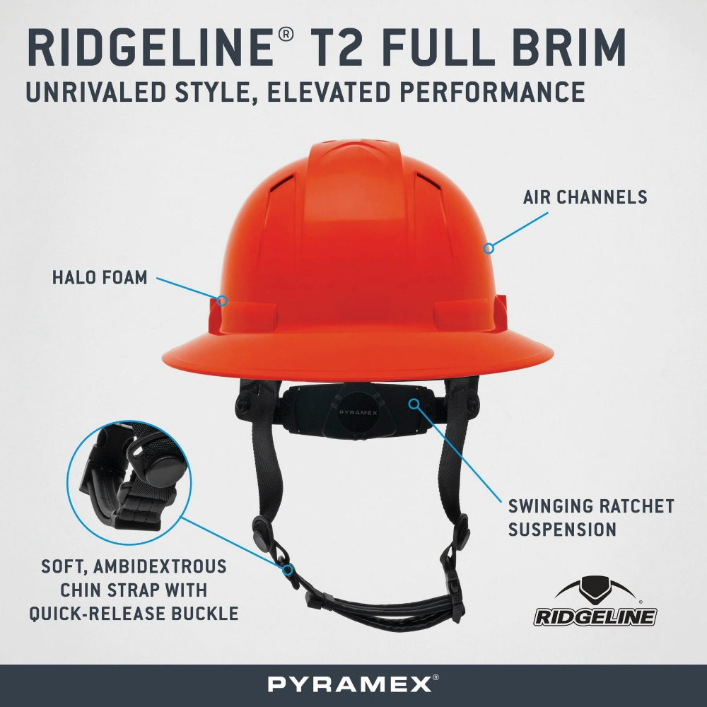 Pyramex HPT256110 Ridgeline T2 Full Brim Hard Hat - 6-Point Ratchet Suspension - Red