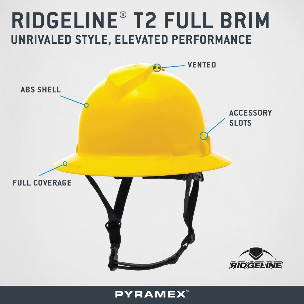 Pyramex HPT256110 Ridgeline T2 Full Brim Hard Hat - 6-Point Ratchet Suspension - Yellow