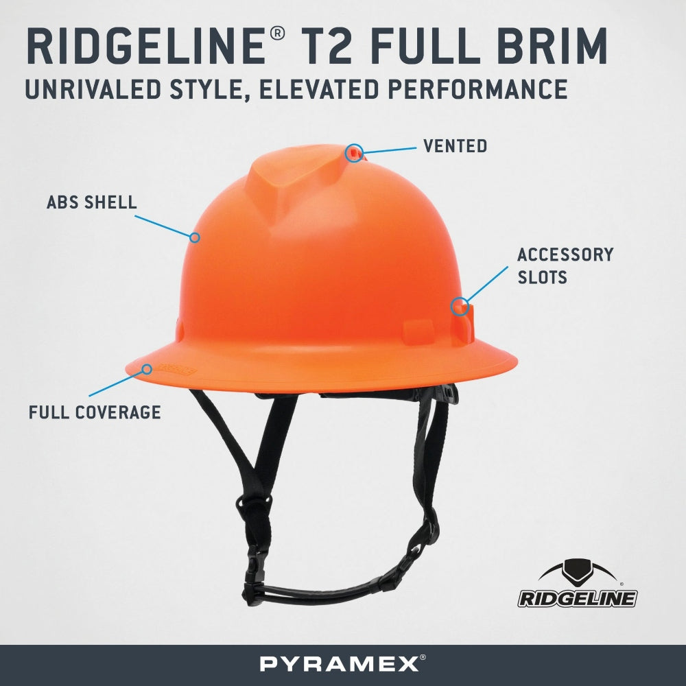 Pyramex HPT256110 Ridgeline T2 Full Brim Hard Hat - 6-Point Ratchet Suspension - Hi-Vis Orange