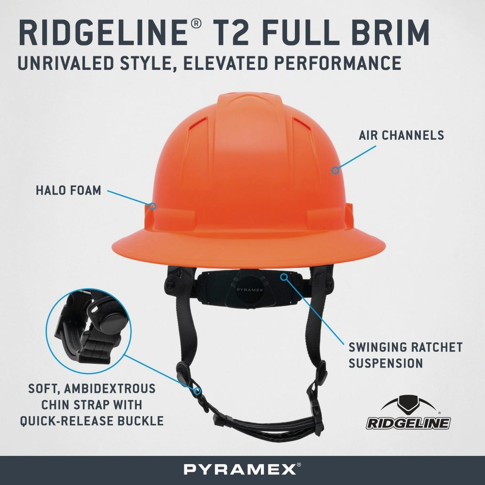 Pyramex HPT256110 Ridgeline T2 Full Brim Hard Hat - 6-Point Ratchet Suspension - Hi-Vis Orange