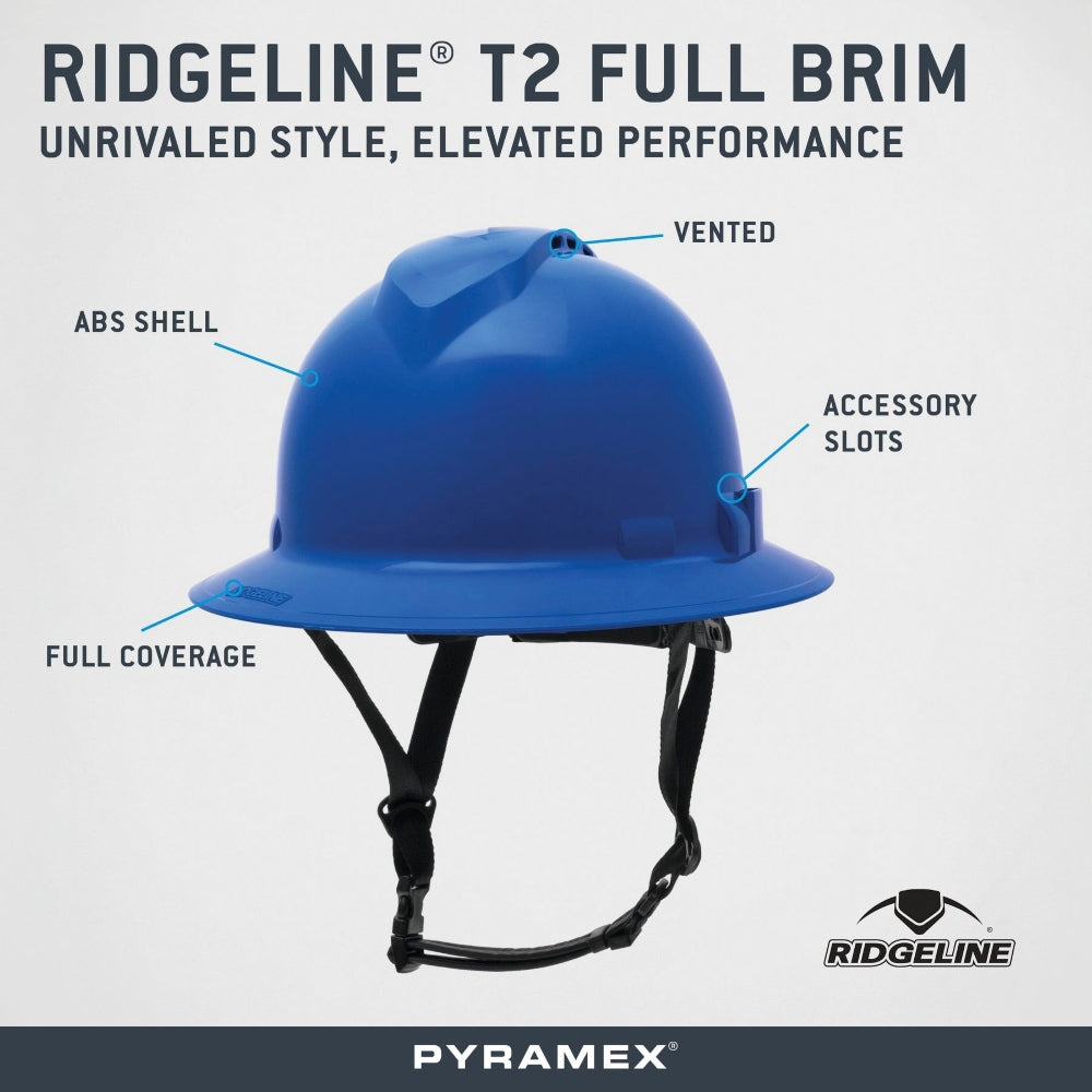 Pyramex HPT256110 Ridgeline T2 Full Brim Hard Hat - 6-Point Ratchet Suspension - Blue