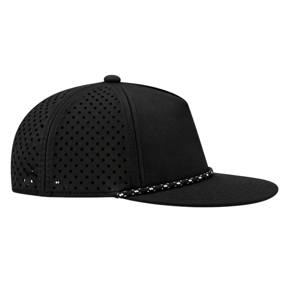 Water Repellent 5 Panel Snapback Golf Hats with Rope - Black/Black/White